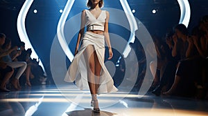 Low angle view, Model walks runway modeling fashions clothes by modern designer. Fashion show demonstrate new fashion trends by
