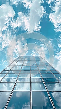 Low angle view of modern glass building against cloudy sky