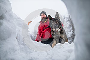 Low angle view of mountain rescue service man with dog on operation outdoors in winter in forest, digging snow.