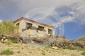 Low angle view of a old Ladakhi traditional house with sky view in Padum, Zanskar Valley, Ladakh, INDIA