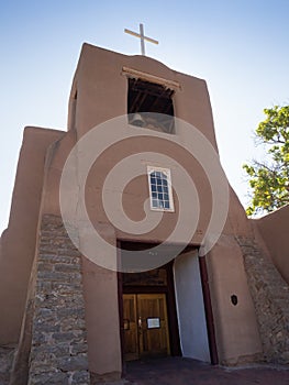 Low Angle View of the San Miguel Chapel in Santa Fe, New Mexico