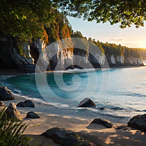 Low angle view of the orange cliffs near the sandy Baltic sea shore, Paldiski. Summer vacations in Estonia. Idyllic