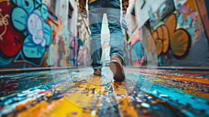 Low angle view of a painter walking in an alley adorned with vibrant graffiti and colorful ground