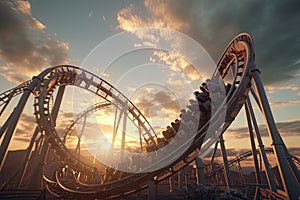 Low angle view of people riding roller coaster at sunset