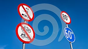 Low Angle View of A Road Sign Prohibition and Speed-Limit for Safety Driving