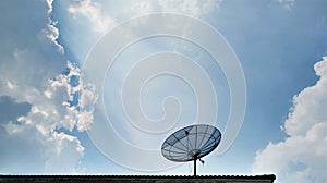 Low Angle View of Satellite Receiver Dish on the Roof Against Blue Cloudy Sky