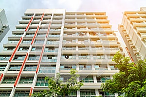 Low angle view of Singapore Public Housing Apartments in Punggol District, Singapore. Housing Development BoardHDB