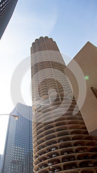 Low angle view of a skyscraper, Marina City, State Street, Chicago, Cook County, Illinois, USA