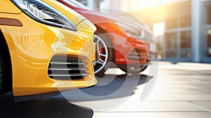 Low angle view of sleek cars parked on a city street, with the focus on the red car's alloy wheel, showcasing urban