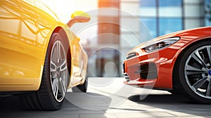 Low angle view of sleek cars parked on a city street, with the focus on the red car's alloy wheel, showcasing urban