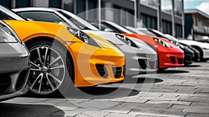 Low angle view of sleek cars parked on a city street, with the focus on the red car's alloy wheel, showcasing urban