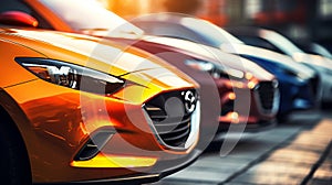 Low angle view of sleek cars parked on a city street, with the focus on the red car& x27;s alloy wheel, showcasing urban