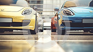 Low angle view of sleek cars parked on a city street, with the focus on the red car's alloy wheel, showcasing urban