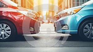 Low angle view of sleek cars parked on a city street, with the focus on the red car's alloy wheel, showcasing urban