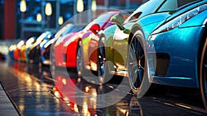 Low angle view of sleek cars parked on a city street, with the focus on the red car's alloy wheel, showcasing urban