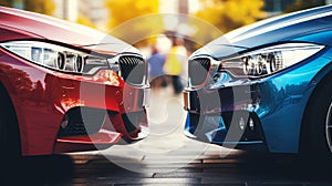 Low angle view of sleek cars parked on a city street, with the focus on the red car's alloy wheel, showcasing urban