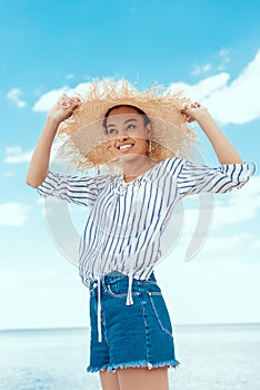 low angle view of smiling african american woman