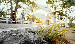 Low angle view of sportive woman running in park.