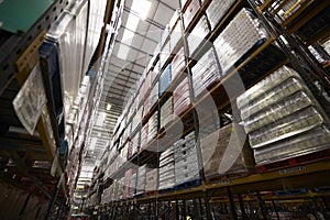 Low angle view of stock stored in a distribution warehouse