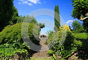 Low angle view on stone steps in german garden with two levels and green trees against blue sky - Germany