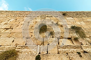 A low angle view of the stones of the Western Wall in Jerusalem