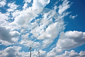 low angle view of tall wind turbines under cloudy sky