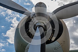Low angle view of three bladed propeller photo