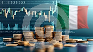 Low angle view of top of a stack of plain gold coins, representing the financial data of the country.