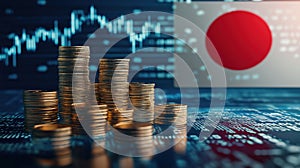 Low angle view of top of a stack of plain gold coins, representing the financial data of the country.