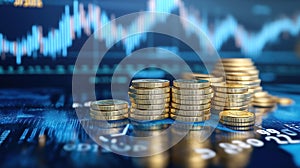Low angle view of top of a stack of plain gold coins, representing the financial data of the country.
