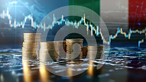 Low angle view of top of a stack of plain gold coins, representing the financial data of the country.