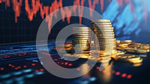 Low angle view of top of a stack of plain gold coins, representing the financial data of the country.