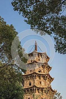 Low angle view of the tower in Kaiyuan Temple at sunrise in Quanzhou, China