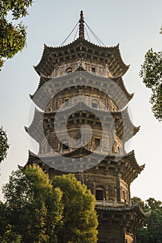 Low angle view of the tower in Kaiyuan Temple at sunrise in Quanzhou, China