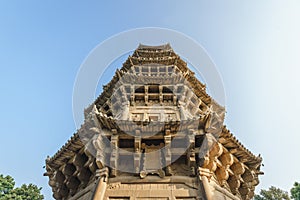 Low angle view of the tower in Kaiyuan Temple at sunrise in Quanzhou, China