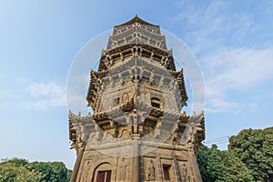 Low angle view of the tower in Kaiyuan Temple at sunrise in Quanzhou, China