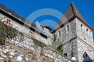 Low angle view at a tower of Stolberg castle in Stolberg, Eifel