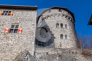Low angle view at a tower of Stolberg castle in Stolberg, Eifel