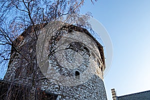 Low angle view at a tower and tree of Stolberg castle in Stolberg, Eifel