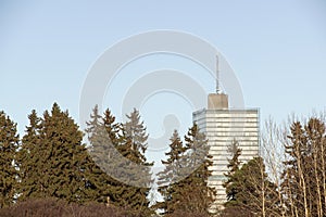 Low angle view of trees and buildings