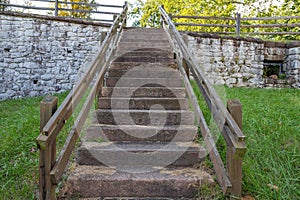 Low angle view up outdoor stone staircase in colonial American village