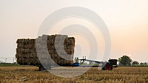 Low-angle view of a walk-behind tractor carrying piles of straw bales