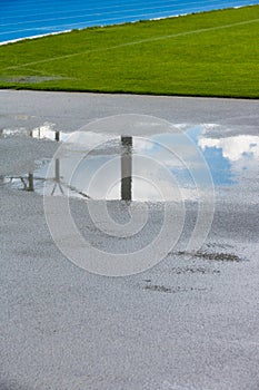 Low angle view wet floor in stadium