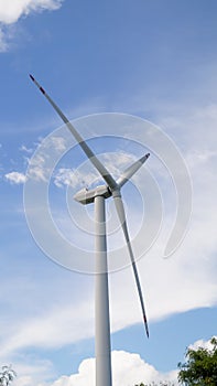 Low angle view of the wind turbine on Lamma island in Hong Kong with the blue sky.