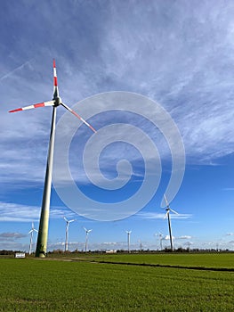 Low angle of wind turbines working in a fresh grass field with the blue bright sky in the background