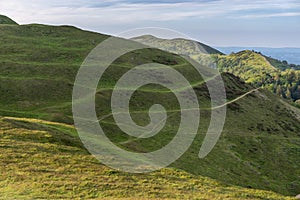 Undulating slopes,ridges and peaks of sthe Malvern Hills, at sunrise,Worcestershire,England,UK photo