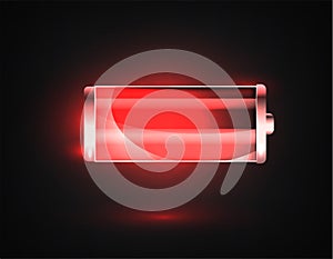 Low battery. Battery charging status indicator. Glass realistic power battery illustration on black background. Full charge total