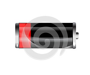 Low battery. Battery charging status indicator. Glass realistic power battery illustration on white background. Full