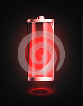 Low battery. Battery charging status indicator. Glass realistic power battery illustration on black background. Full