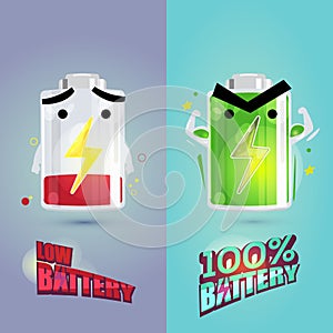 Low battery and full battery character design. power of battery